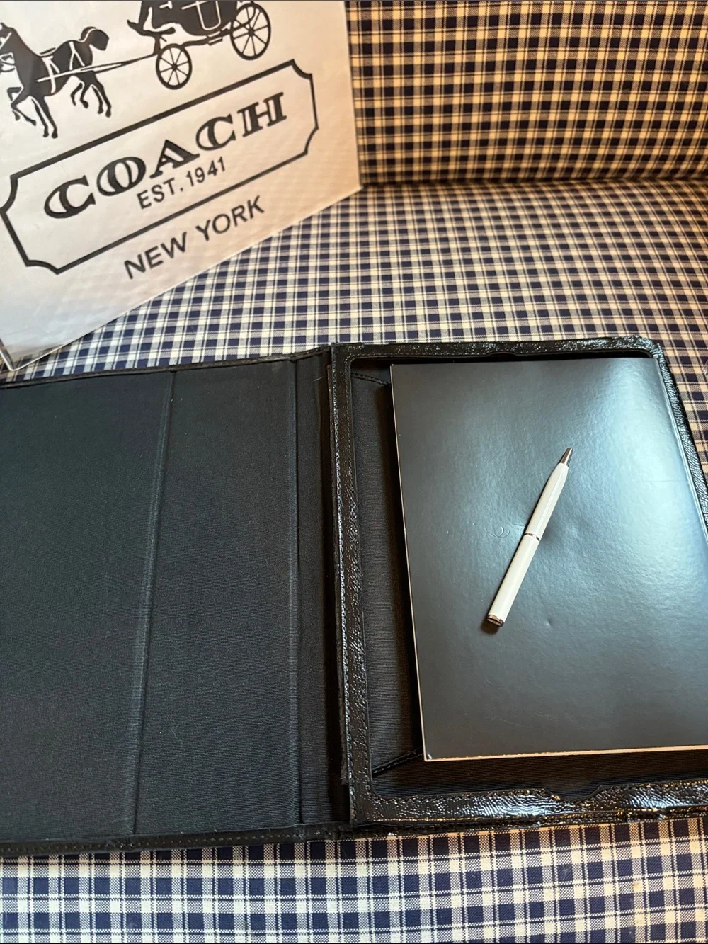 Coach Signature Heritage stripe Folio in Black and Khaki with Coach pen